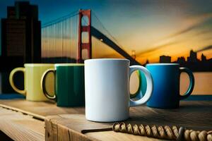 coloré café des tasses sur une table avec une d'or porte pont dans le Contexte. généré par ai photo