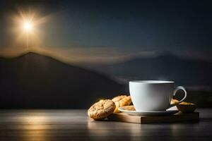 le Soleil est brillant sur le montagnes et le tasse de café est sur le tableau. généré par ai photo