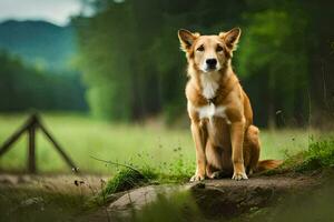 une chien séance sur une Roche dans le milieu de une champ. généré par ai photo