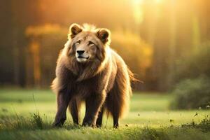 une Lion en marchant dans le herbe à le coucher du soleil. généré par ai photo