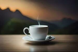 une tasse de café sur une table dans le montagnes. généré par ai photo