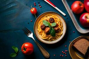 spaghetti avec Boulettes de viande et tomates sur une bleu tableau. généré par ai photo