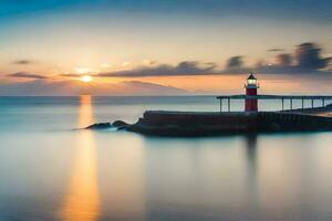 une phare à le coucher du soleil avec le Soleil réglage derrière il. généré par ai photo