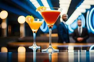 Trois des cocktails sur une bar compteur avec deux Hommes dans combinaisons. généré par ai photo