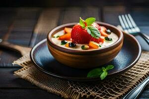 une bol de fruit et des légumes est servi sur une en bois tableau. généré par ai photo