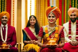 Indien mariage la cérémonie avec la mariée et jeune marié. généré par ai photo