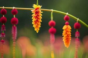 une coloré fleur est pendaison de une plante. généré par ai photo