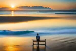 une homme est assis sur une banc à le coucher du soleil sur le plage. généré par ai photo