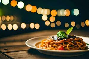 spaghetti avec tomate sauce et basilic sur une plaque. généré par ai photo