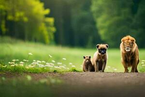 une Lion et deux chiens en marchant sur une route. généré par ai photo