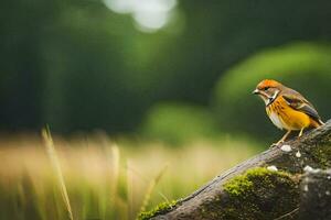 une petit oiseau est séance sur une Journal dans le herbe. généré par ai photo