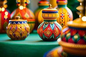 coloré des vases sont sur une table avec lumières. généré par ai photo