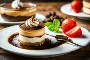 desserts sur une assiette avec des fraises et Chocolat. généré par ai photo