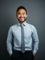 souriant Jeune homme de asiatique descente habillé dans costume sur gris Contexte ai génératif photo