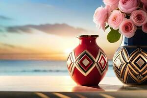 deux des vases avec rose des roses sur une table dans de face de le océan. généré par ai photo