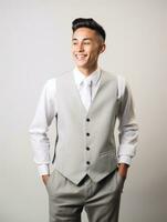 souriant Jeune homme de asiatique descente habillé dans costume sur gris Contexte ai génératif photo