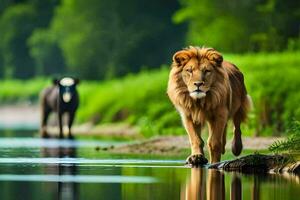 une Lion en marchant à travers une rivière avec une vache dans le Contexte. généré par ai photo