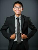 souriant Jeune homme de asiatique descente habillé dans costume sur gris Contexte ai génératif photo