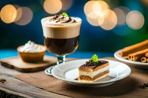 une dessert et café sur une en bois tableau. généré par ai photo