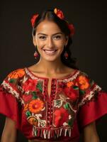 souriant Jeune femme de mexicain descente habillé dans élégant robe sur gris Contexte ai génératif photo