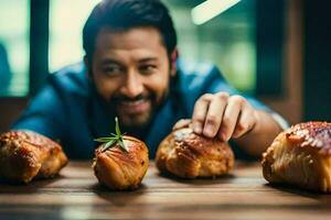 une homme est souriant tandis que en portant une pièce de Viande. généré par ai photo