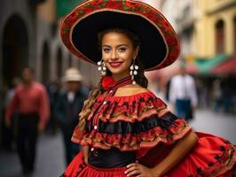 souriant Jeune femme de mexicain descente habillé dans élégant robe sur gris Contexte ai génératif photo