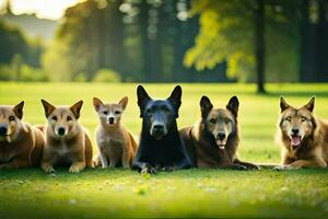 une groupe de chiens séance sur le herbe. généré par ai photo