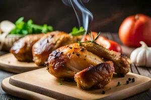 grillé poulet sur une en bois Coupe planche avec fumée. généré par ai photo