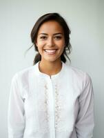 souriant Jeune femme de mexicain descente habillé dans élégant robe sur gris Contexte ai génératif photo