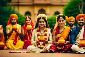 Indien mariage avec la mariée et jeune marié dans traditionnel tenue. généré par ai photo