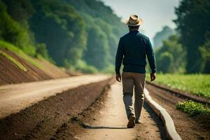 une homme dans une chapeau des promenades vers le bas une saleté route. généré par ai photo