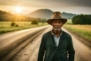 un vieux homme dans une chapeau permanent sur une saleté route. généré par ai photo