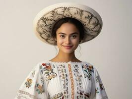 souriant Jeune femme de mexicain descente habillé dans élégant robe sur gris Contexte ai génératif photo