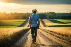 une homme dans une chapeau des promenades vers le bas une saleté route. généré par ai photo