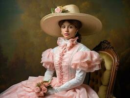 souriant Jeune femme de mexicain descente habillé dans élégant robe sur gris Contexte ai génératif photo