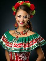 souriant Jeune femme de mexicain descente habillé dans élégant robe sur gris Contexte ai génératif photo