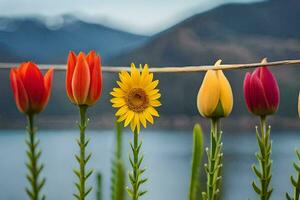 coloré tulipes et tournesol sur une fil. généré par ai photo