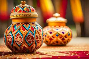 deux coloré des vases sur une rouge tableau. généré par ai photo