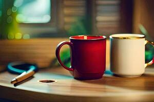 deux café des tasses asseoir sur une tableau. généré par ai photo