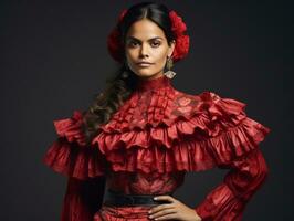 souriant Jeune femme de mexicain descente habillé dans élégant robe sur gris Contexte ai génératif photo