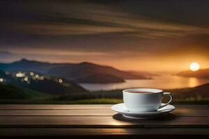 une tasse de thé sur une en bois table dans de face de une magnifique le coucher du soleil. généré par ai photo