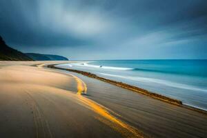 une longue exposition photographier de une plage avec vagues et sable. généré par ai photo
