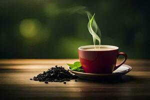 une tasse de café avec une vert feuille. généré par ai photo