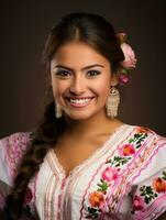 souriant Jeune femme de mexicain descente habillé dans élégant robe sur gris Contexte ai génératif photo