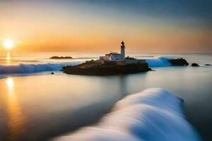 une phare dans le océan avec vagues s'écraser contre il. généré par ai photo