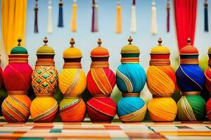 coloré bowling épingles sur une table avec coloré décorations. généré par ai photo