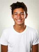 souriant Jeune homme de mexicain descente contre neutre Contexte ai génératif photo