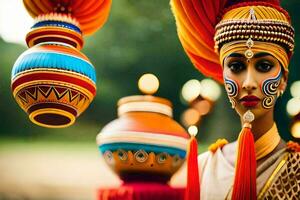 une femme dans traditionnel Indien robe avec coloré décorations. généré par ai photo