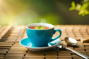 une tasse de thé sur une en bois tableau. généré par ai photo