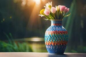 une coloré vase avec tulipes séance sur une tableau. généré par ai photo